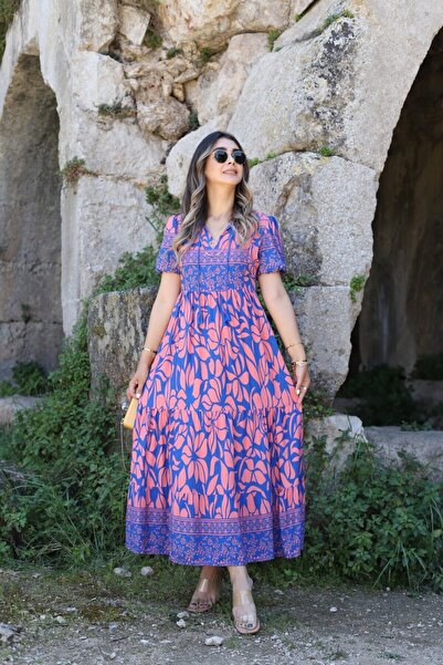 bytugcekaya Mavi-Somon Karpuz Kol Püskül Detay Elbise