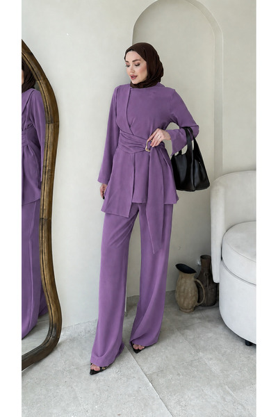 Miraydın Butik طقم بنطلون نسائي بحزام جانبي وتفاصيل حزام M2633 - بنفسجي