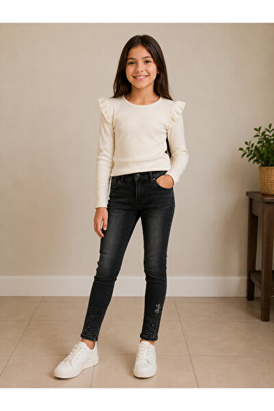 NOBLE STORE Kız Çocuk Siyah Taş Detaylı Skinny Jean Pantolon