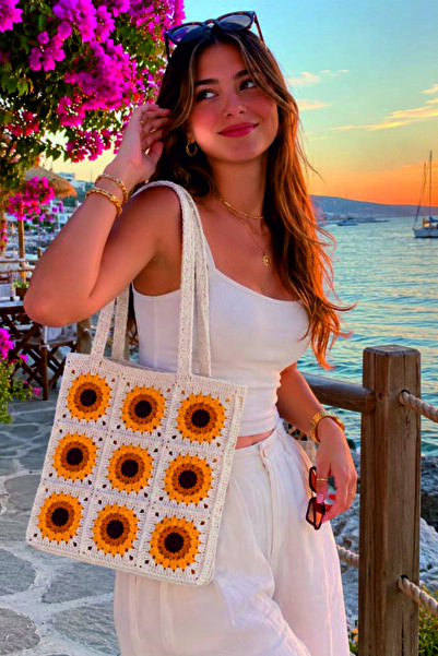 Ma'Vessa Hand Knitted Sunflower Motif Women's Shoulder Bag, Hand Knitted Wome...