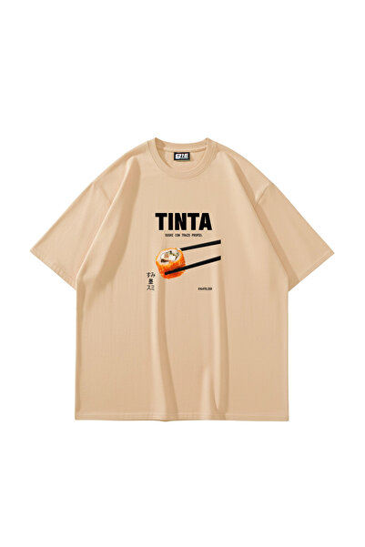 Sekizbiraltı Tinta Sushi Printed Beige Oversize Tshirt