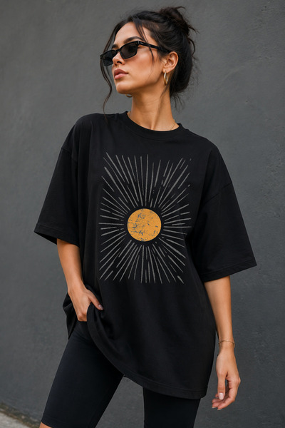Impress Sun Patterned Oversize T-Shirt, Minimal Sun Graphic Loose Fit 100% Co...