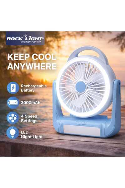 ROCK LİGHT Rechargeable Portable Fan with LED Light 3000mAh