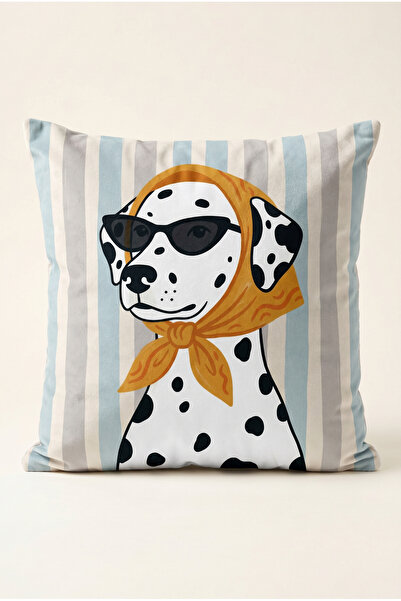Artvibe Vintage Dalmaçyalı Köpek Desenli Mavi Yaz Temalı Kırlent Kılıfı