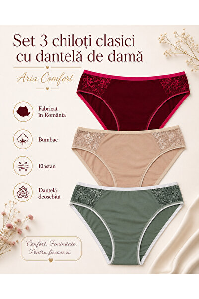 Aria Comfort ✨ Set 3 Chiloți Clasici Damă – Bumbac moale, (Roșu, Verde, Bej),...