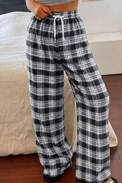İlayda Toprak Plaid Gray Square Striped Unisex Loose Fit Elastic Waist Lace-U...