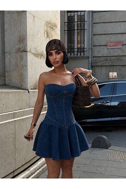 NİCE STYLE Women's Strapless Collar Short Denim Dress