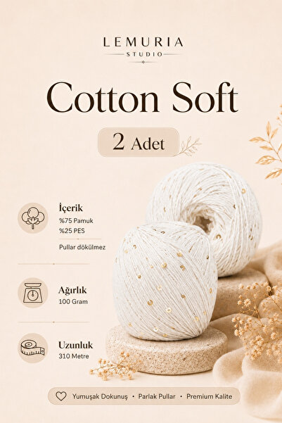 Lemuria Studio Cotton Soft 2 Adet Pullu Pamuk Örgü İpi, Yumuşak Dokulu Premiu...