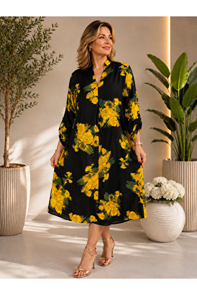 MENSAR OTANTİK Pleated front viscose dress with rose detailing. standard size...