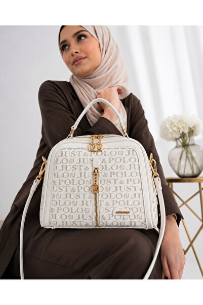 Just Polo حقيبة يد وكتف نسائية بيضاء أنيقة بحزام طويل مع إكسسوارات