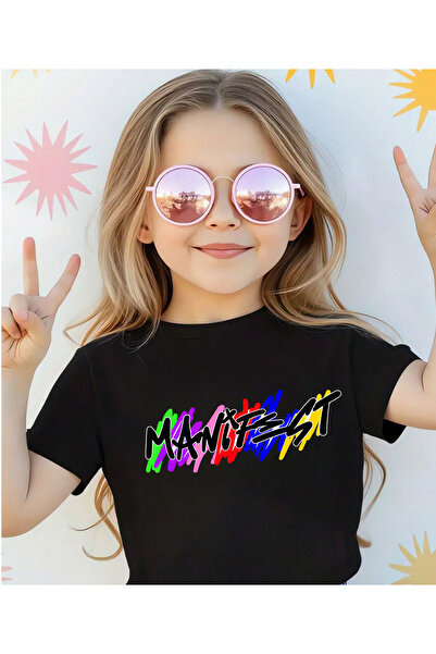 ASELİNDA Manifest Text Printed Girls' T-Shirt - 100% Cotton Crew Neck Childre...