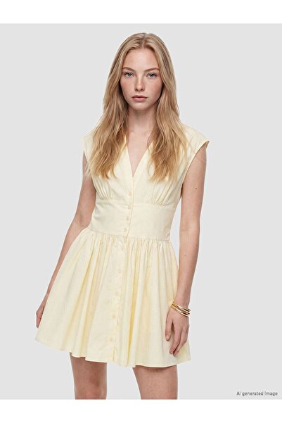 LC Waikiki Xside Yellow Waist-Slit Pleated Mini Dress