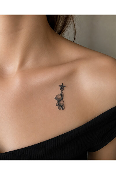 Genel Markalar Minimal Ayıcık Geçici Dövme Tiny Tattoo Yıldız Figürlü Siyah T...
