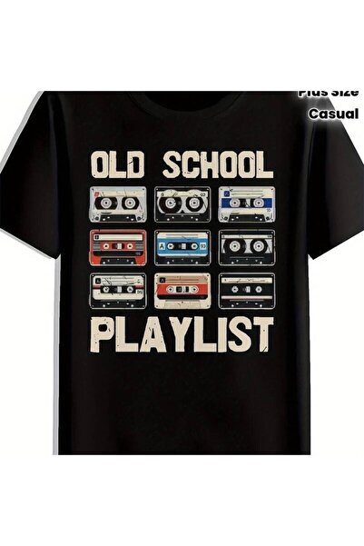 23 nisan تي شيرت رجالي أسود بتصميم جرافيك كبير الحجم - طباعة عبارة "OLD SCHOO...