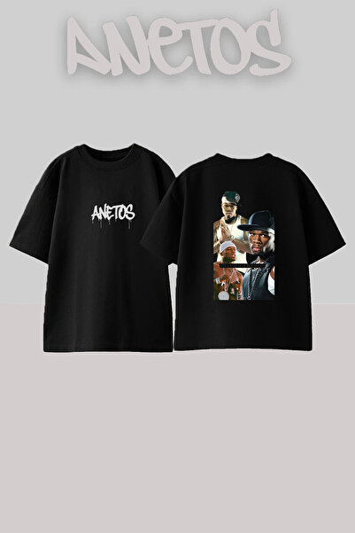 Anetos تيشيرت أسود كبير الحجم مطبوع بتصميم 50 Cent_33 للجنسين