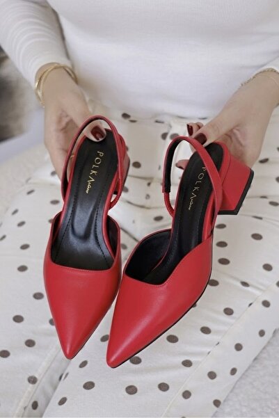 POLKA STORE Blush Red Pointed Toe Short Block Heeled Women's Shoes