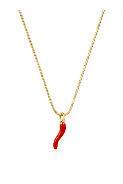 POSEİDONS JEWELLERY Kırmızı Biber Figürlü Altın Renk Yılan Zincir Çelik Kadın...