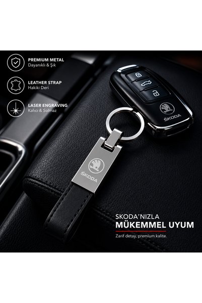 Baghes Skoda Keychain Metal Leather Keychain with Skoda Logo, 12cm X 2 cm Size, Stylish Gift Car Accessory