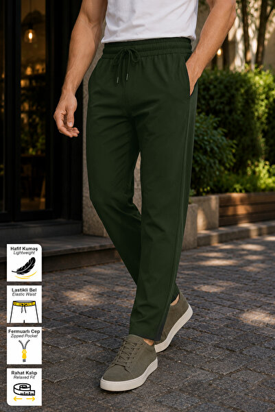 BESSA Khaki Summer Sweatpants Lightweight Fabric Sporty Straight Leg Zipper P...