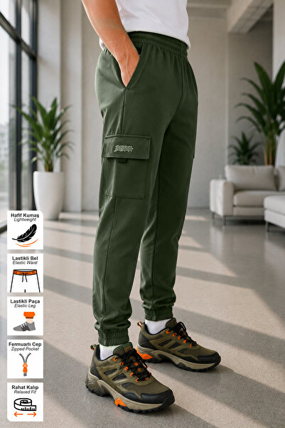 BESSA Khaki Summer Jogger Sweatpants with Cargo Pockets, Zipper Pockets, Elas...
