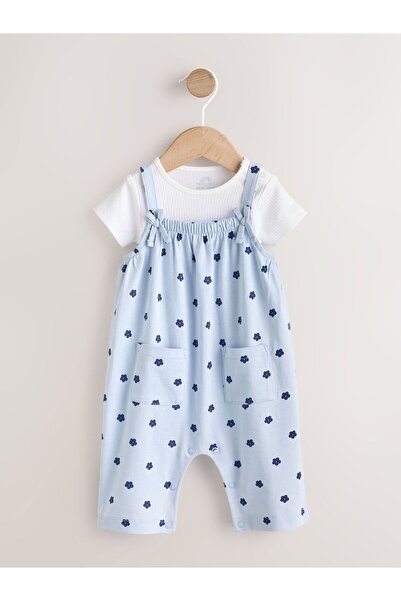 Next Baby Cotton Blue Floral Patterned Salopet Bodysuit Set