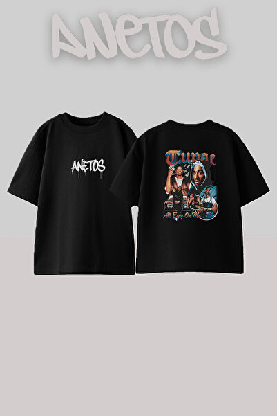 Anetos Tupac Shakur_3 Design Printed Unisex Oversize Black Tshirt