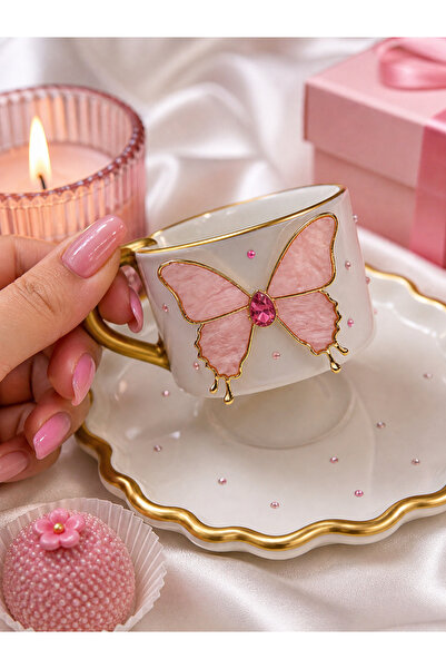 luxurychampagnetr Single Pink Stone Figured Detailed Luxury Turkish Coffee Cu...