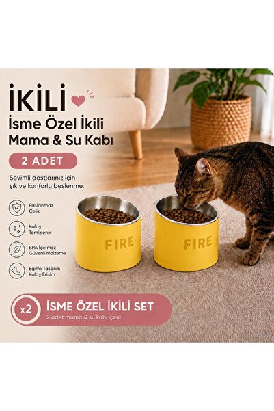 Basart 2'li Kişiye Özel İsim Yazılı Kedi Köpek Mama Kabı | Eğimli Paslanmaz Ç...