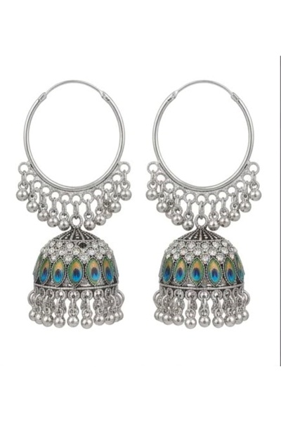 FASHION Indian Traditional Peacock Enamel Hoop Jhumka Earrings | Silver Oxidi...