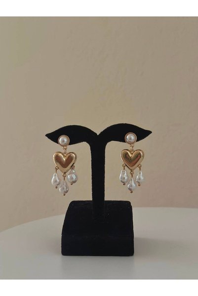 Gold Color Dangle Earrings with Heart and Pearl Detail