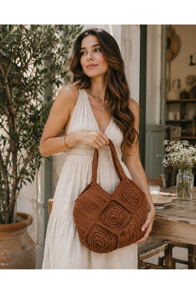 ZİVORA Women's Light Brown Knitted Shoulder Bag with Spiral Motif Summer Bohe...