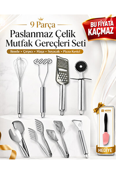 Birpa Paslanmaz Çelik 9 Parça Mutfak Seti | Rende Çırpıcı Maşa Soyacak Pizza ...