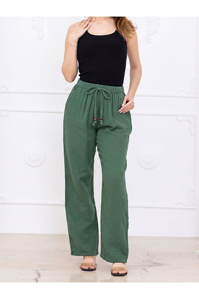 Flubutik Women's Cotton Muslin Fabric Loose Trousers Khaki