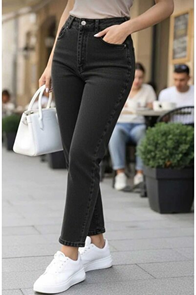 JAXEN Lisa Women's High Waist Black Washed Lycra Mom Jean Pants