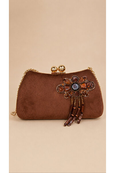 Marca Accessories Taş İşlemeli Süet Abiye Clutch Çanta | Gold Metal Detaylı E...
