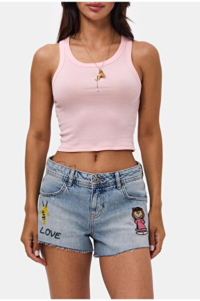 it's basic Kadın Mavi 4s6-32 Mini Mom Nakış Desenli Tasarım Denim Şort