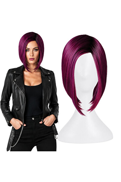 Korbi Perucă lungă de cosplay pentru femei, de culoare violetă, în stil bob