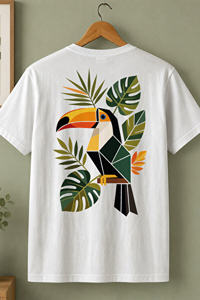 Spoyi Tropik Tukan Tasarımlı %100 Pamuk Yarım Oversize Beyaz T-Shirt