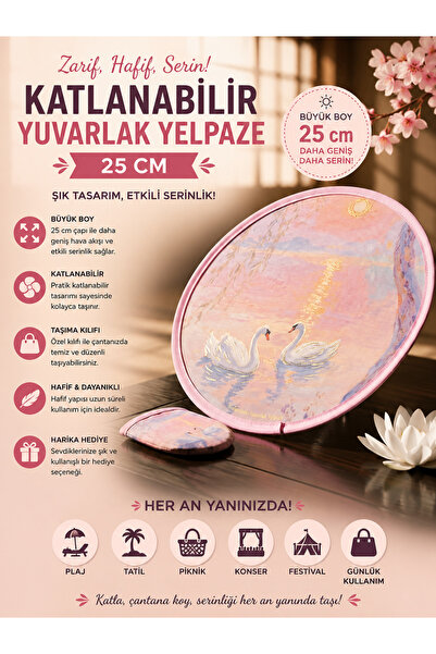 Selinus Büyük Boy Katlanabilir Yuvarlak Yelpaze – Kuğu Desenli (25 cm)