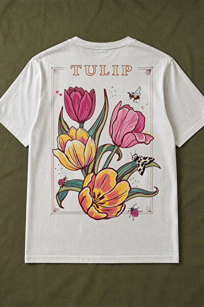 Spoyi Tulip Design 100% Cotton Half Oversize White T-Shirt