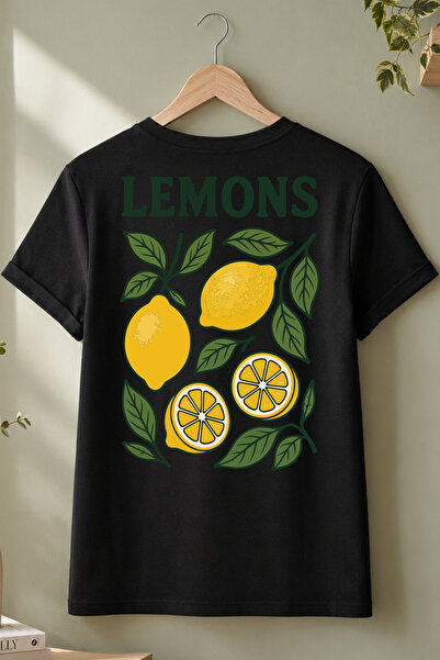 Spoyi Lemons Design 100% Cotton Half Oversize Black T-Shirt