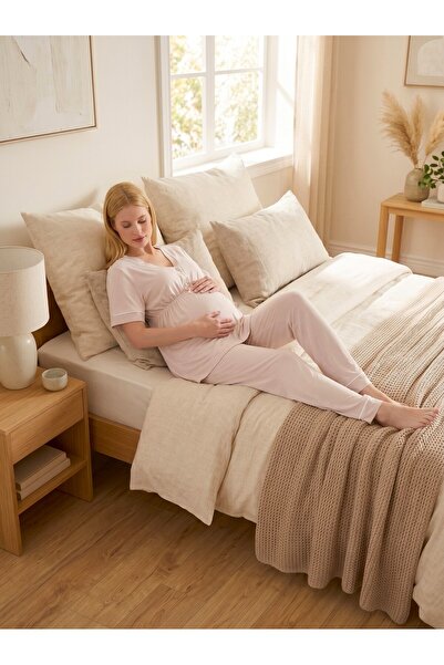 Lohusa Homewear New Season Beige Short-Sleeved Buttoned Design with Breastfee...