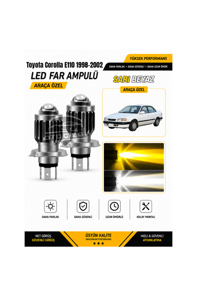 Oto Çizgi Toyota Corolla E110 1998-2002 H4 LED Far Ampulü Sarı-Beyaz Işık Can...
