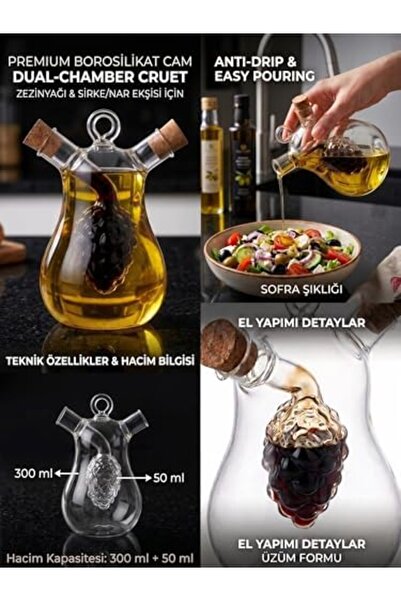 Yıldızan Double Chamber Borosilicate Glass Oil Pot and Vinegar Pot, Grape Fig...