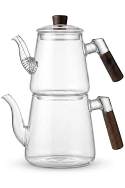 Yıldızan Msa Shop 1000 ml + 750 ml Acacia Wood Handle Glass Teapot Set - Heat...