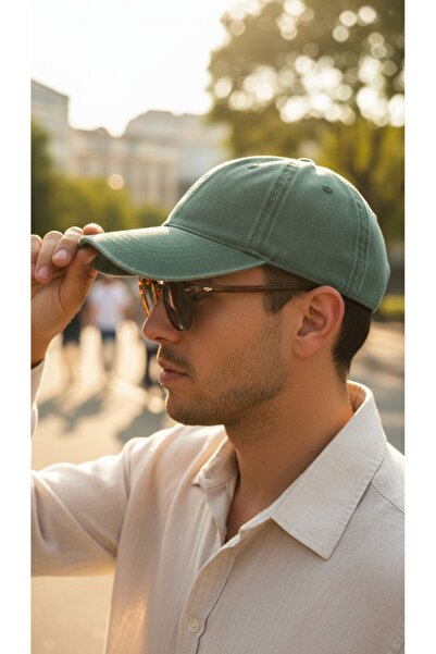 3D Unisex Haki Düz Eskitme Şapka