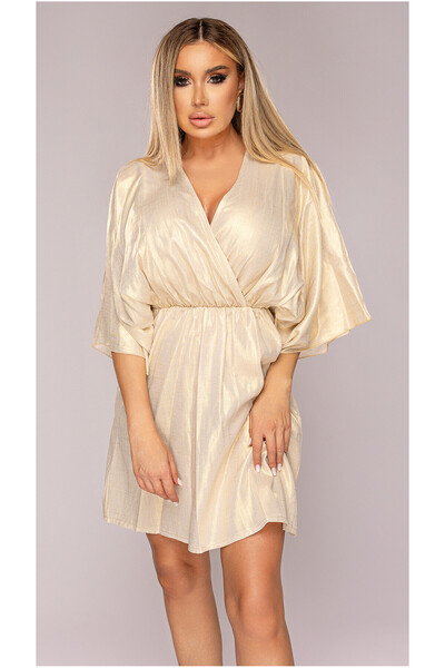 OEM Rochie dama, scurta, aurie, cu maneca cazuta, talie elastic, One Size