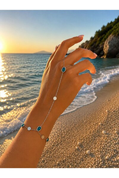 yes ticaret Blue Stone Detailed Silver Color Steel Şahmeran Hand Chain Women'...