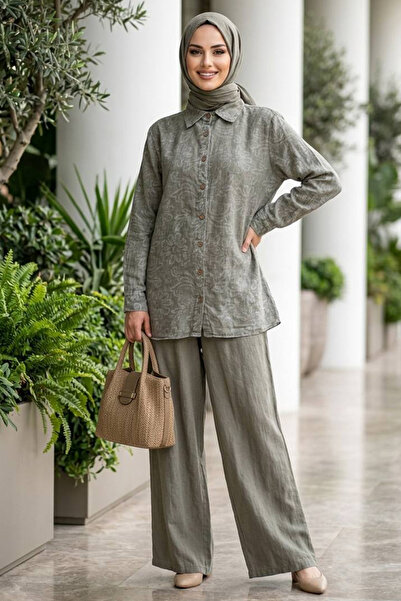 Neva Style Patterned Buttoned Mint Linen Hijab Suit 32104Mint