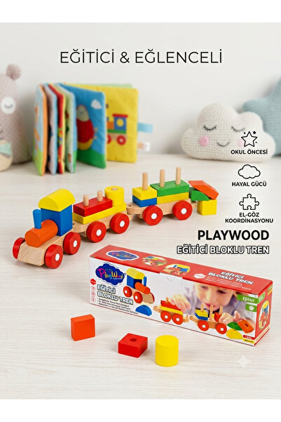 Playwoood Playwood Ahşap Eğitici Bloklu Tren - Okul Öncesi Geometrik Şekil Eş...